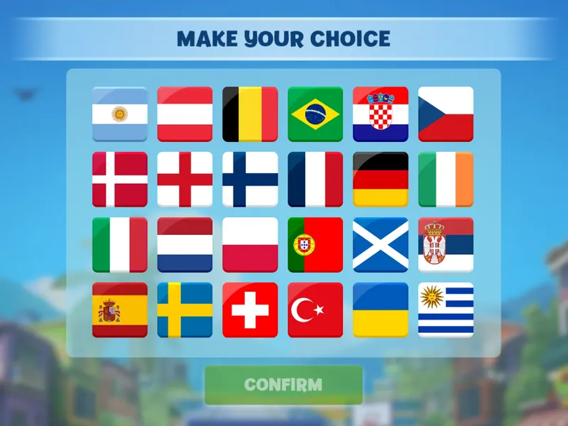Le client Evoplay sur un téléphone tenu en paysage : l'écran Make your choice avec les vingt-quatre drapeaux et le bouton Confirm