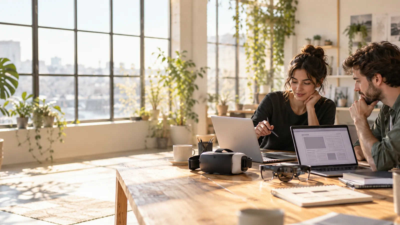 Bureau d'agence lumineux, écrans avec maquettes de site et casque de réalité virtuelle posé sur la table
